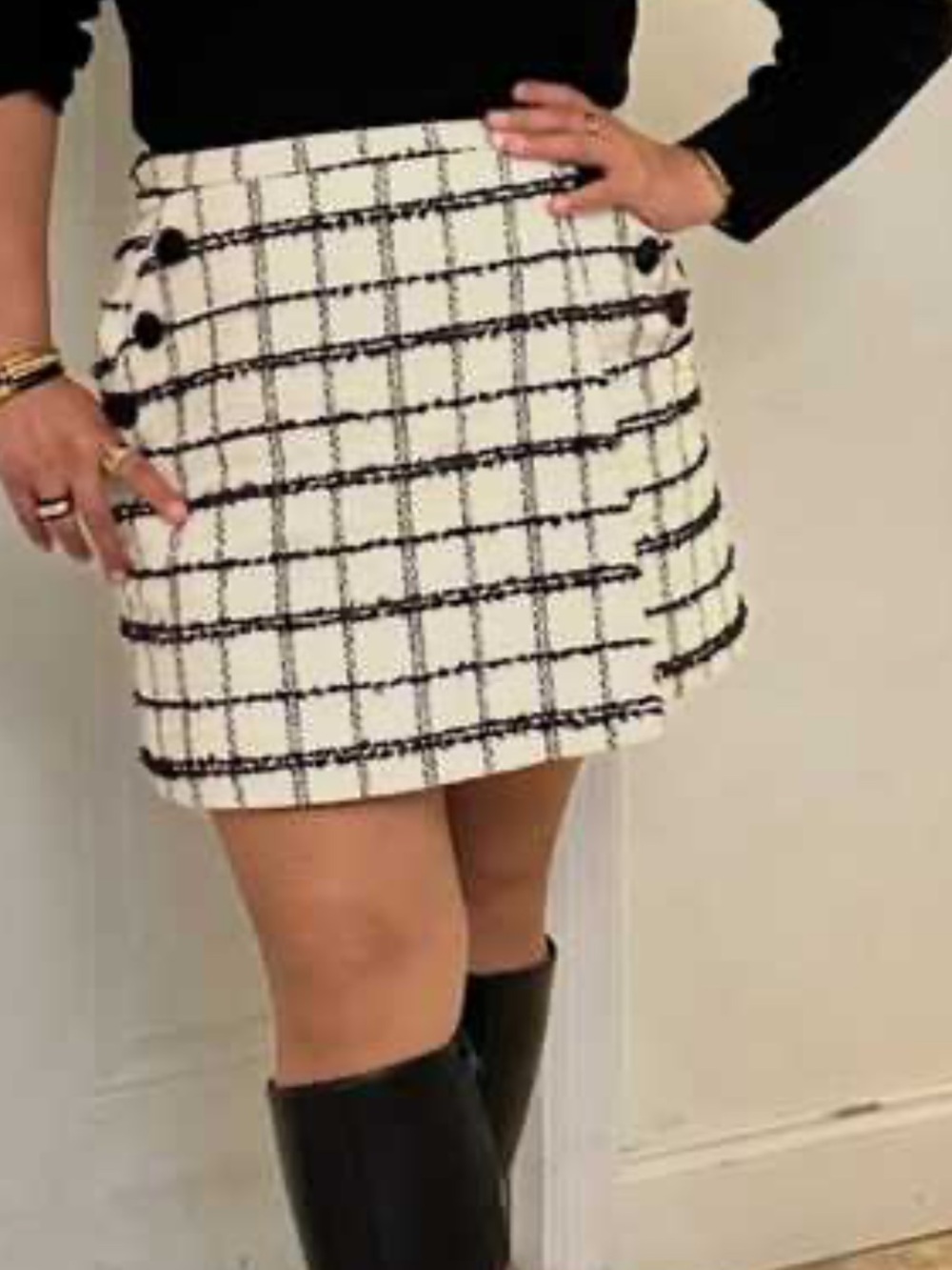 NWT MESTIZA tweed plaid Mini Skirt in black and white size 6